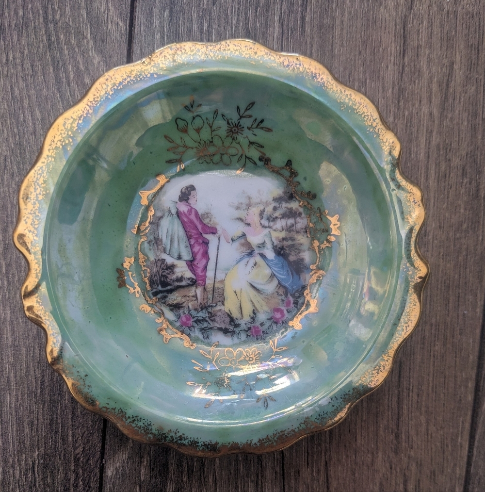 Vintage Green Porcelain Decorative Pitcher with Romantic Scene - Picture 2 of 9